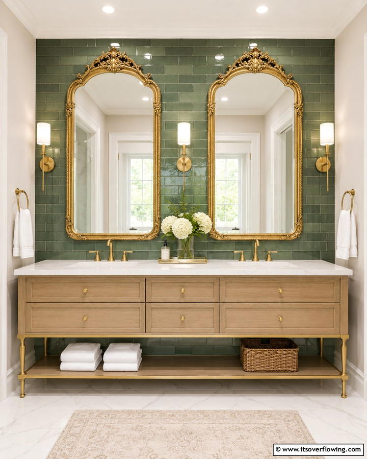 Green Mosaic Tile Accents - 25 Luxurious Green and Gold Bathroom Design Ideas
