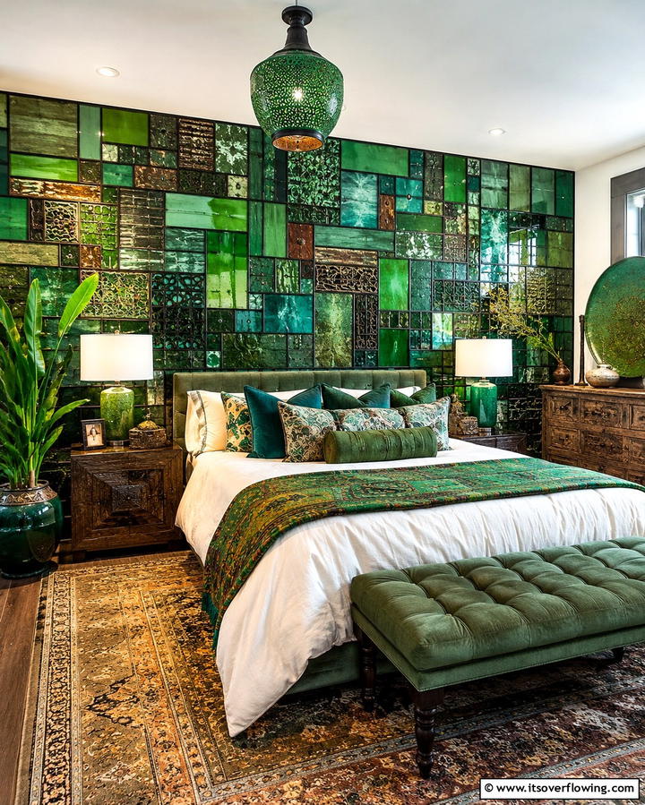 Green Mosaic of Mixed Materials - 30 Green Panelling Ideas for a Serene Bedroom