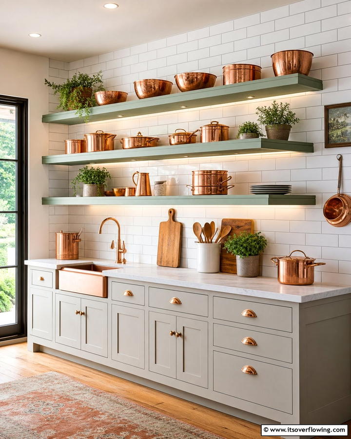 Green Open Shelves with Copper Accessories - 20 Green and Copper Kitchen Ideas for a Trendy Look