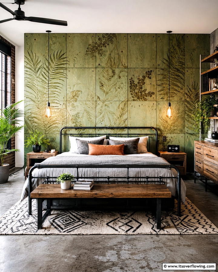 Green Patterned Plywood Panels - 30 Green Panelling Ideas for a Serene Bedroom