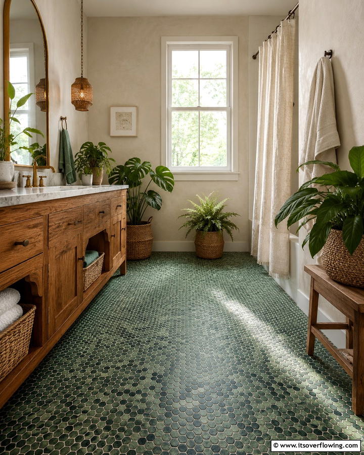 Green Penny Tile for a Nature Inspired Look - 25 Penny Tile Bathroom Floor Ideas for a Unique Look