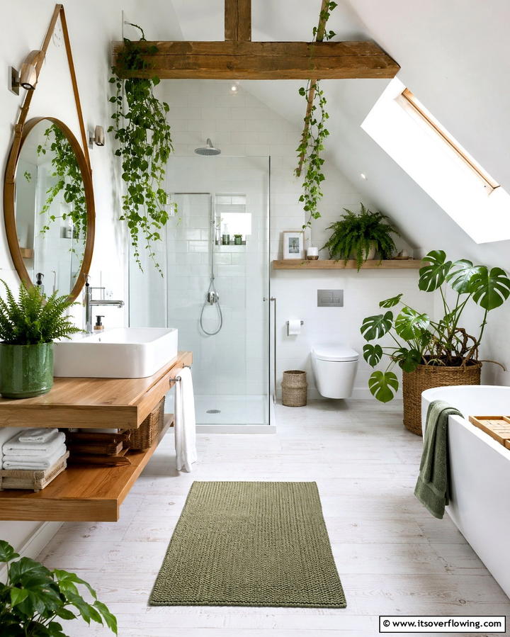 Green Plant Accents - 30 Attic Bathroom Ideas for Space-Saving Luxury