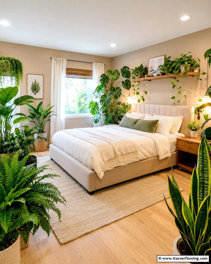 Green Plants with Beige Pots - 25 Serene Green and Beige Bedroom Design Ideas