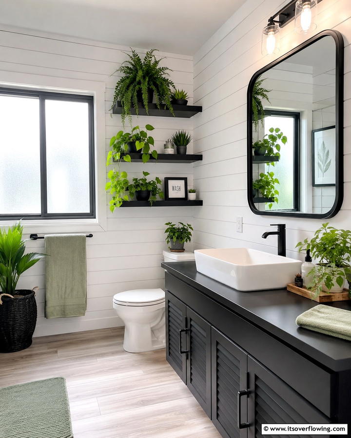 Green Plants with Black Shelving - 25 Black and Green Bathroom Ideas for Bold Style