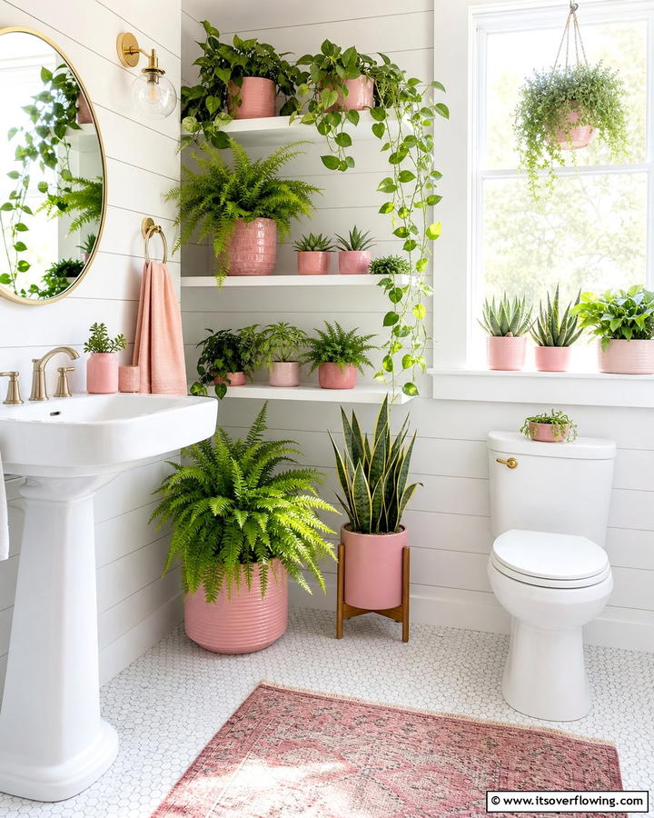Green Plants with Pink Pots - 20 Vibrant Pink and Green Bathroom Design Ideas