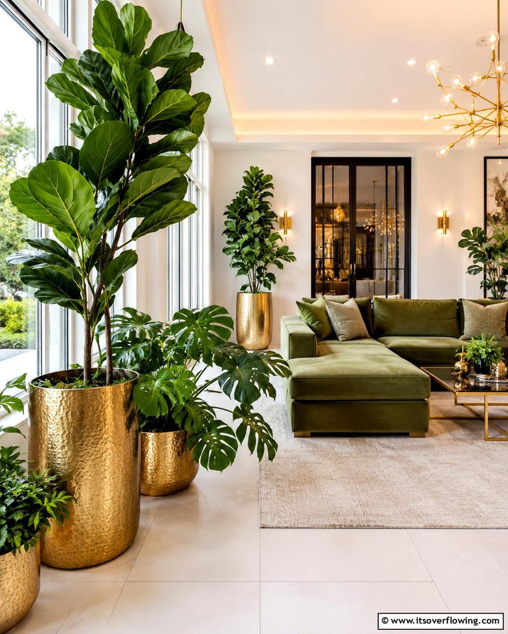 Green Potted Plants - 25 Green and Gold Living Room Ideas for Luxury