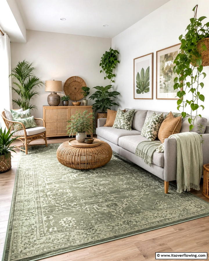 Green Rug for an Earthy Pop of Color - 20 Perfect Rug Colors to Pair with a Grey Couch for Any Room