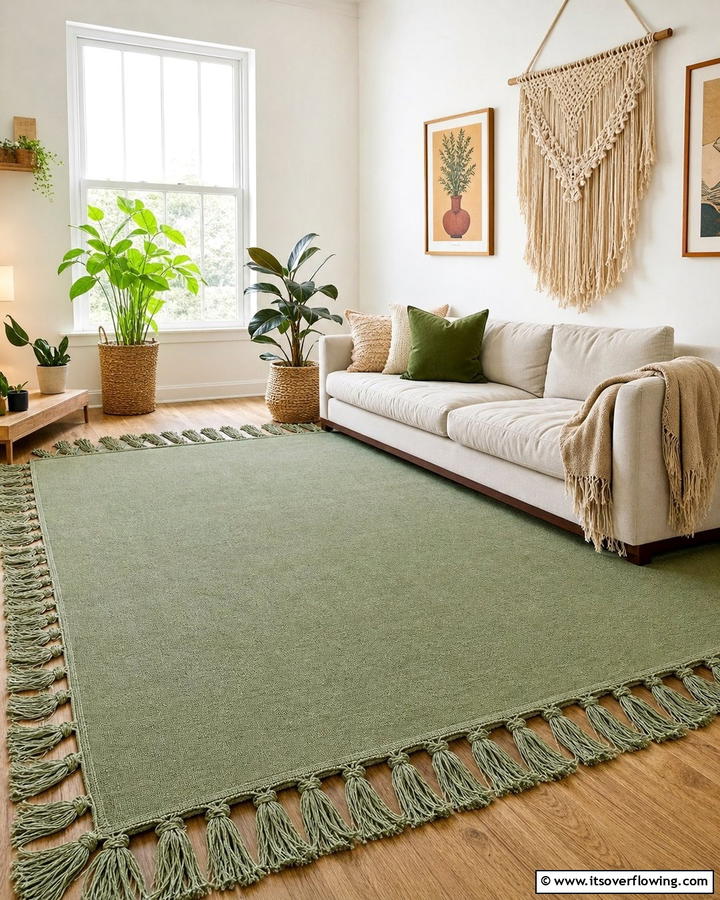 Green Rug with Fringe Detailing - 20 Green Carpet Living Room Ideas for a Bold Statement