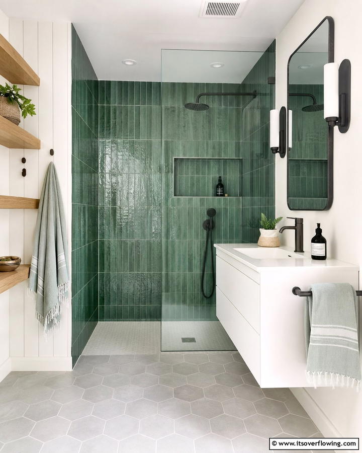 Green Shower Tiles with Grey Fixtures - 20 Green and Grey Bathroom Ideas for a Modern Look