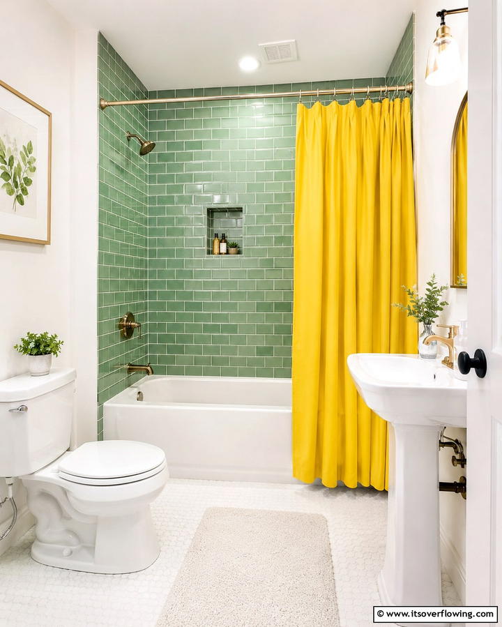Green Shower Tiles with Yellow Curtains - 20 Yellow and Green Bathroom Ideas for a Fresh Look