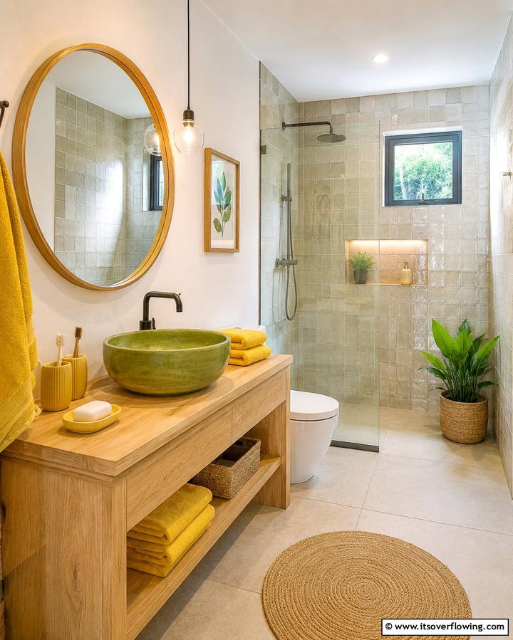 Green Sink with Yellow Towels - 20 Yellow and Green Bathroom Ideas for a Fresh Look