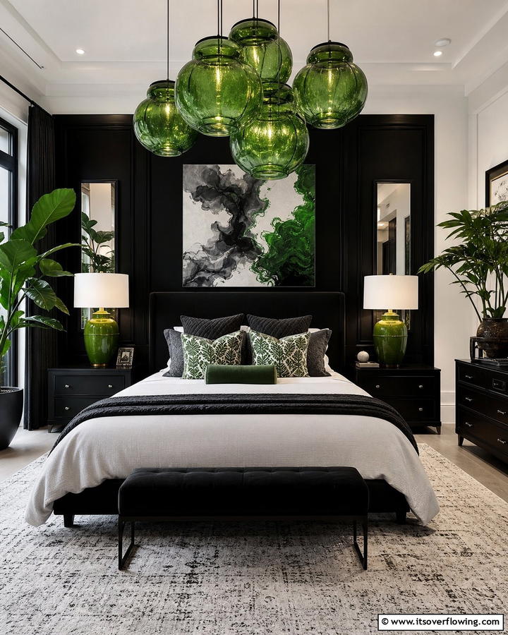 Green Statement Lighting for a Bold Look - 20 Black and Green Bedroom Design Ideas for a Bold Look
