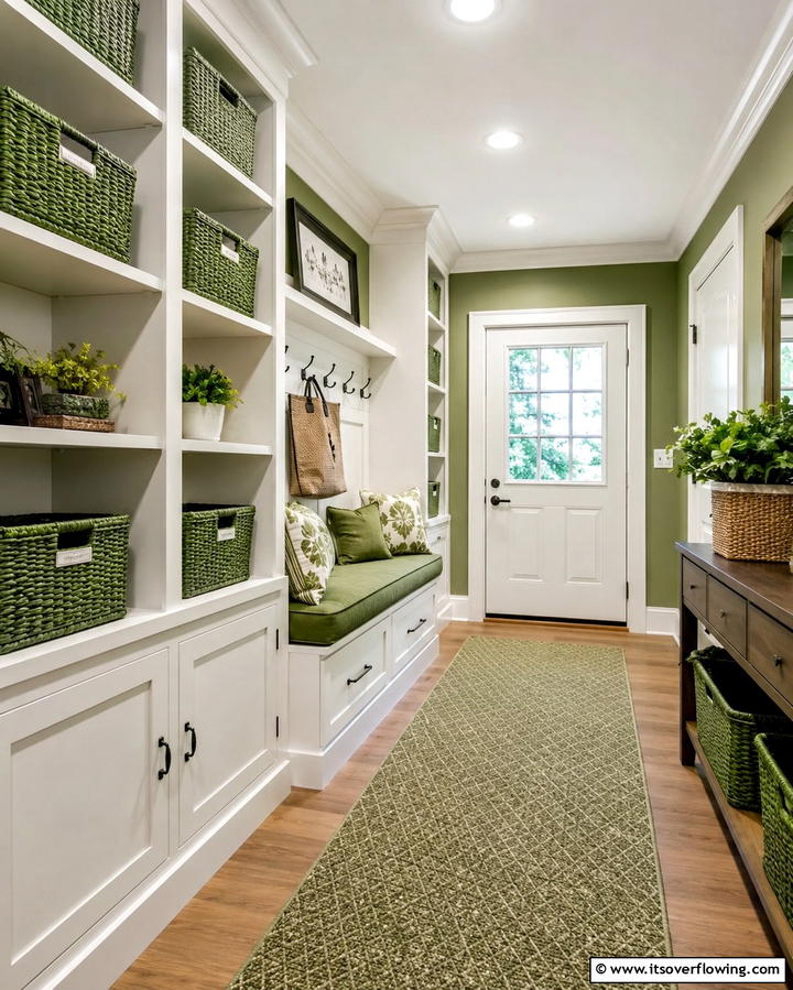 Green Storage Solutions - 25 Green Hallway Ideas for a Fresh and Inviting Home