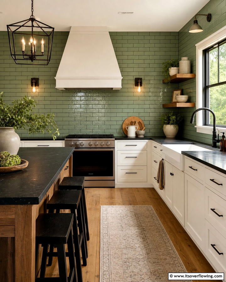 Green Subway Tile Backsplash with Black Grout - 25 Black and Green Kitchen Ideas for Bold Design