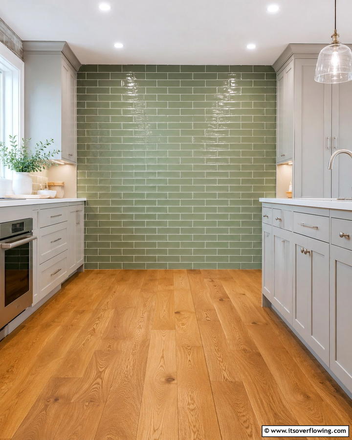 Green Subway Tiles and Wooden Flooring - 25 Warm Green and Brown Kitchen Design Ideas