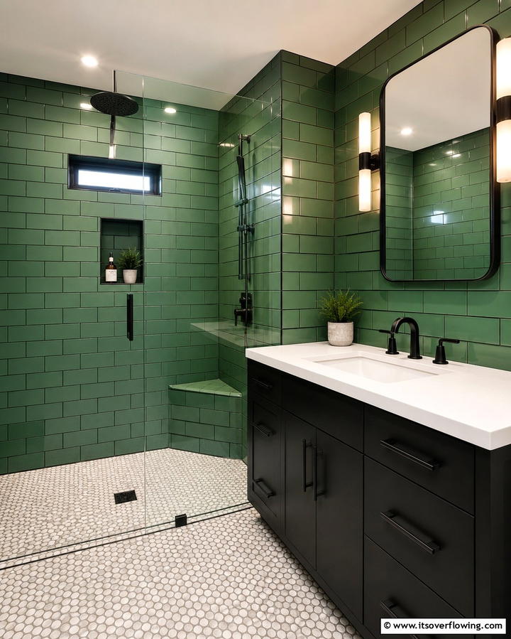 Green Subway Tiles with Black Grout - 25 Black and Green Bathroom Ideas for Bold Style