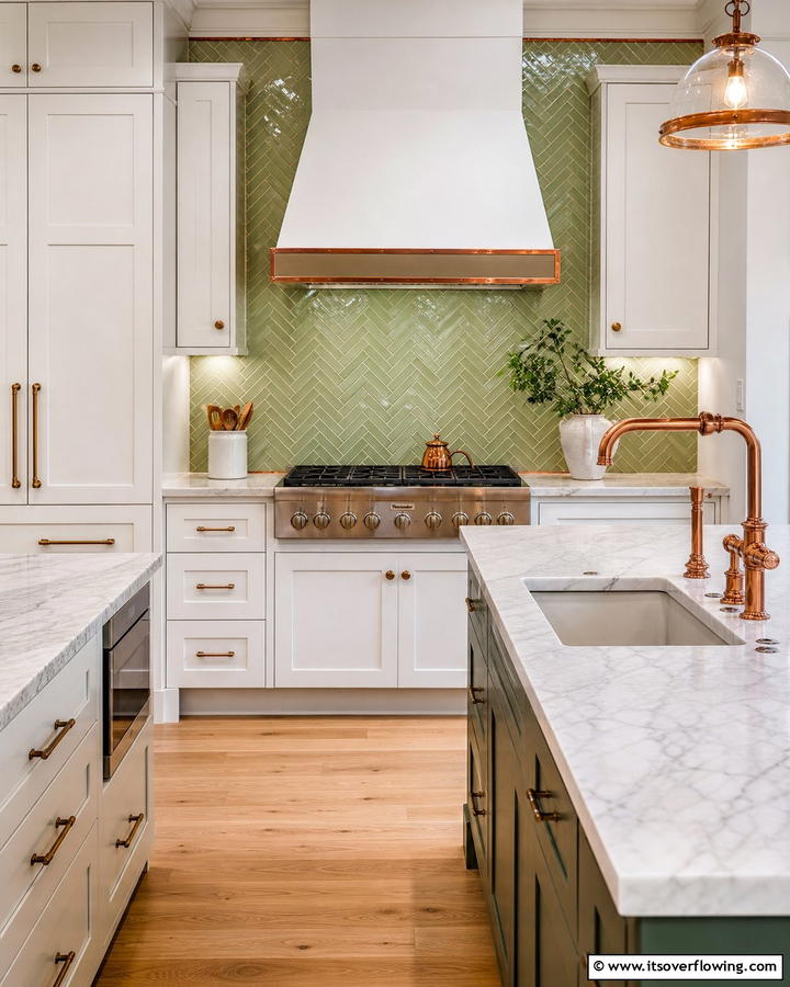 Green Subway Tiles with Copper Trim - 20 Green and Copper Kitchen Ideas for a Trendy Look