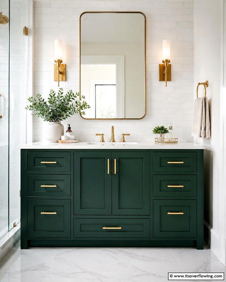 Green Subway Tiles with Gold Trim - 25 Luxurious Green and Gold Bathroom Design Ideas