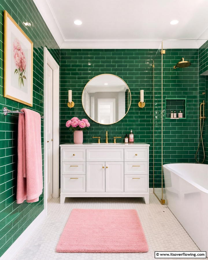 Green Subway Tiles with Pink Accents - 20 Vibrant Pink and Green Bathroom Design Ideas