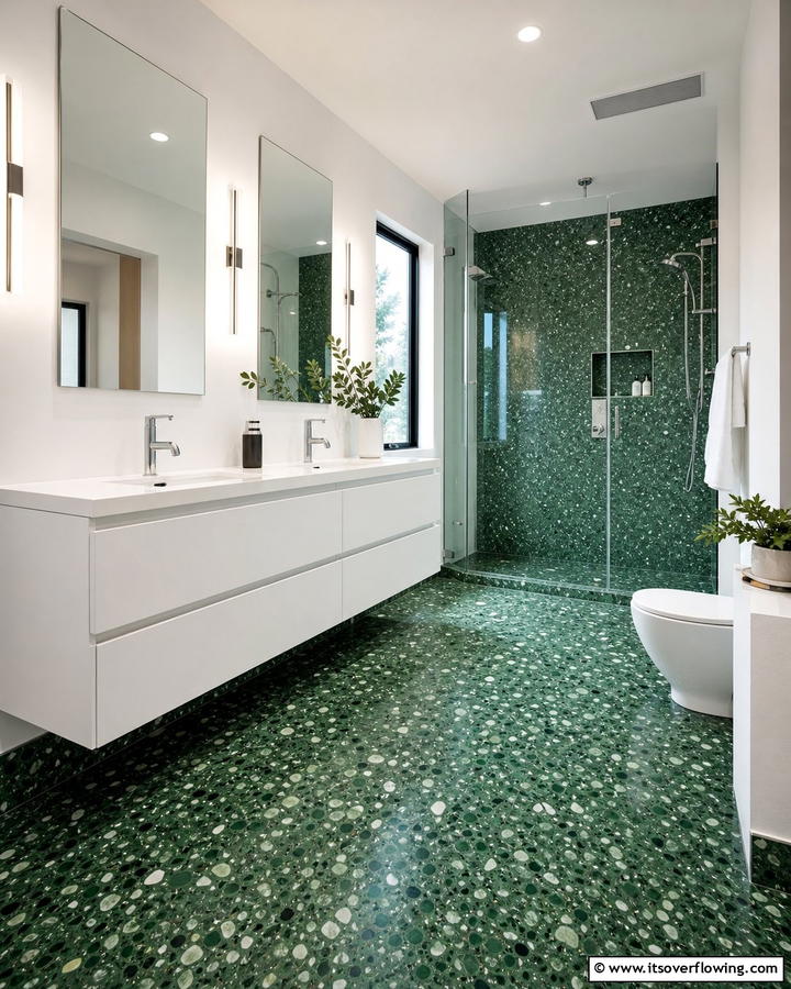 Green Terrazzo Floors - 20 Forest Green Bathroom Ideas for a Nature-Inspired Retreat