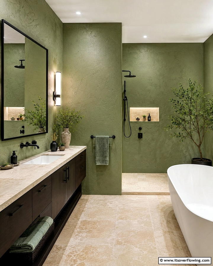 Green Textured Walls with Black Fixtures - 25 Black and Green Bathroom Ideas for Bold Style