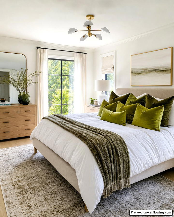 Green Throw Pillows on White Bedding - 25 Green and White Bedroom Ideas for Serenity