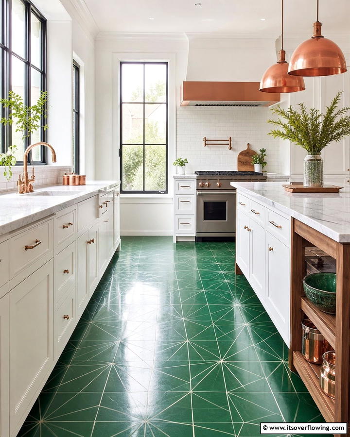 Green Tile Flooring with Copper Fixtures - 20 Green and Copper Kitchen Ideas for a Trendy Look