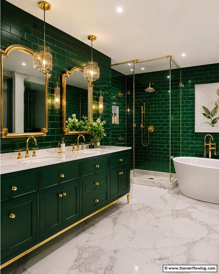 Green Tiles with Gold Accents - 30 Green Tile Bathroom Inspiration Ideas for Bold Spaces