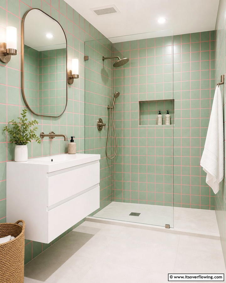 Green Tiles with Pink Grout - 20 Vibrant Pink and Green Bathroom Design Ideas