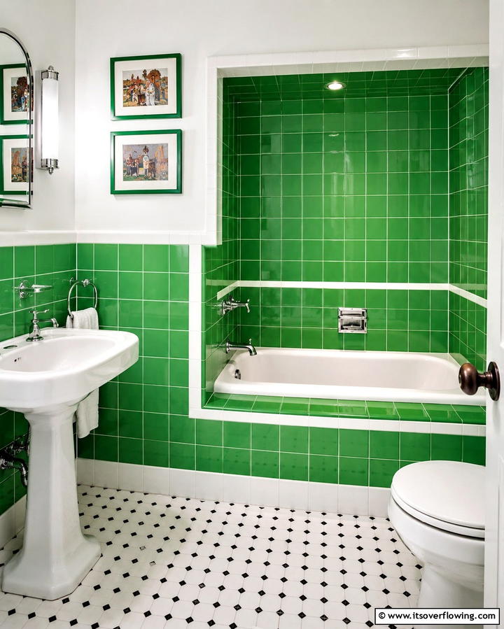 Green Tiles with White Borders for a Retro Vibe - 30 Green Tile Bathroom Inspiration Ideas for Bold Spaces