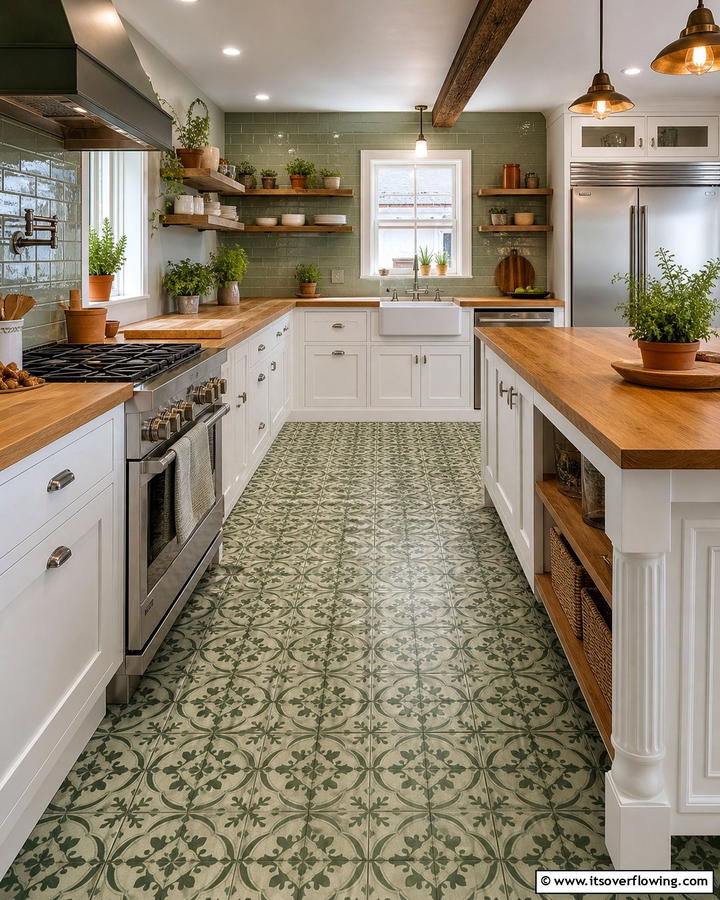 Green Toned Flooring Style - 21 Dark Green Kitchen Ideas for Bold Cabinetry