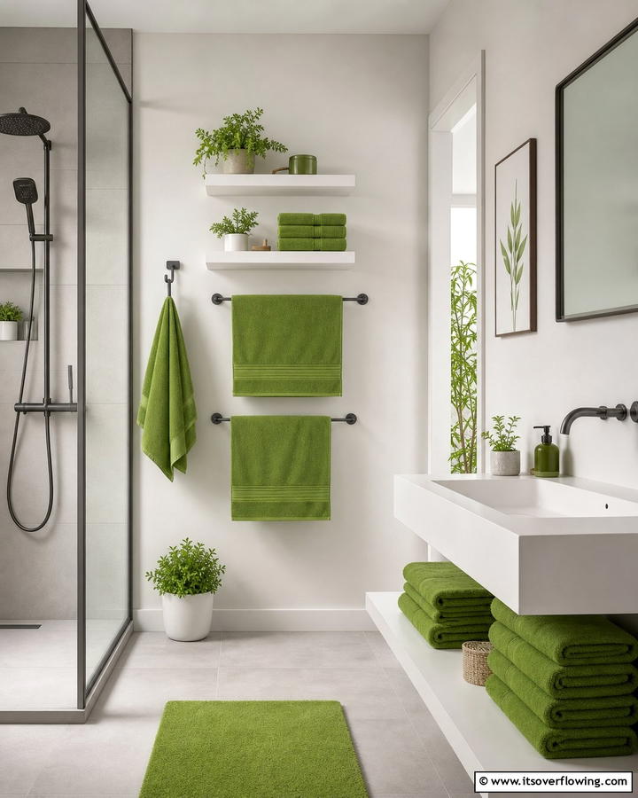 Green Towels with Grey Fixtures - 20 Green and Grey Bathroom Ideas for a Modern Look