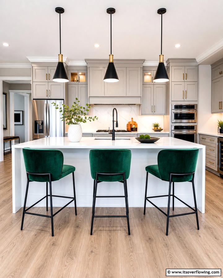 Green Upholstered Bar Stools with Black Frames - 25 Black and Green Kitchen Ideas for Bold Design