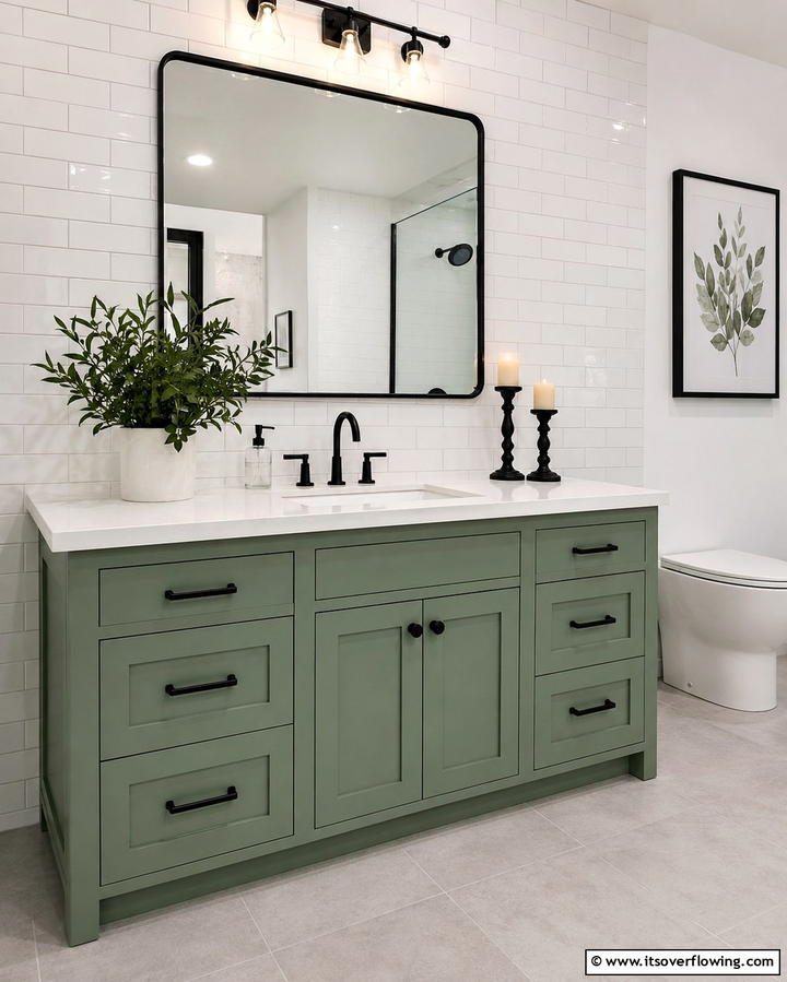 Green Vanity with Black Hardware - 25 Black and Green Bathroom Ideas for Bold Style