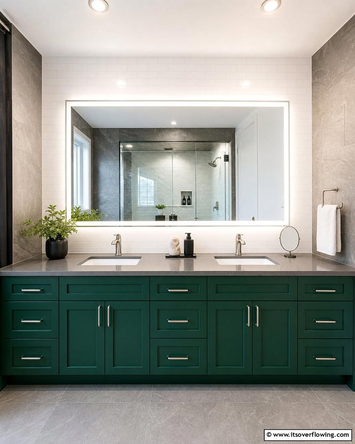 Green Vanity with Grey Countertops - 20 Green and Grey Bathroom Ideas for a Modern Look