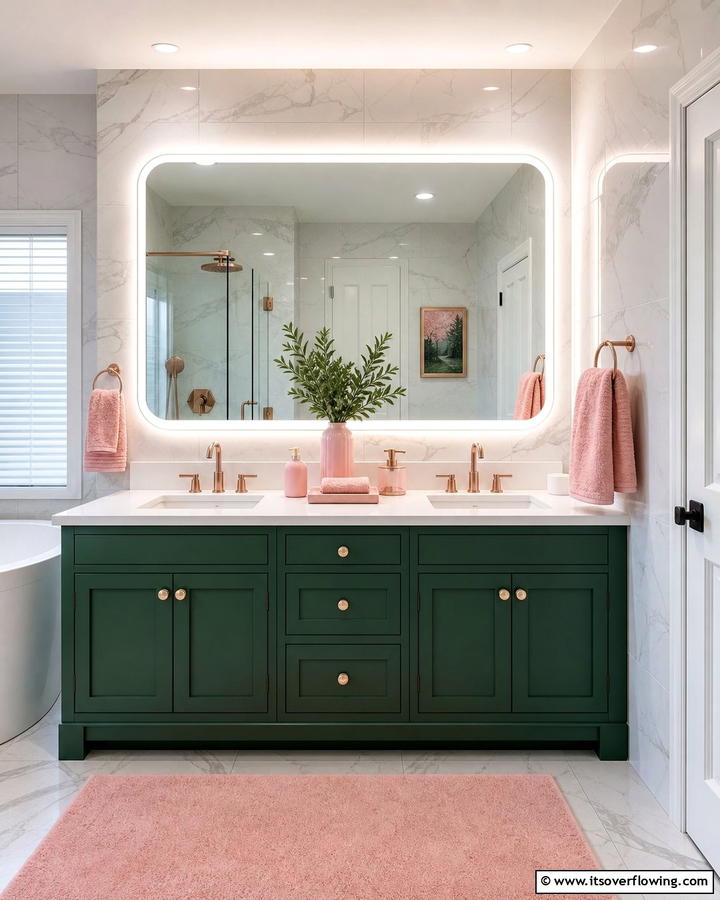 Green Vanity with Pink Details - 20 Vibrant Pink and Green Bathroom Design Ideas