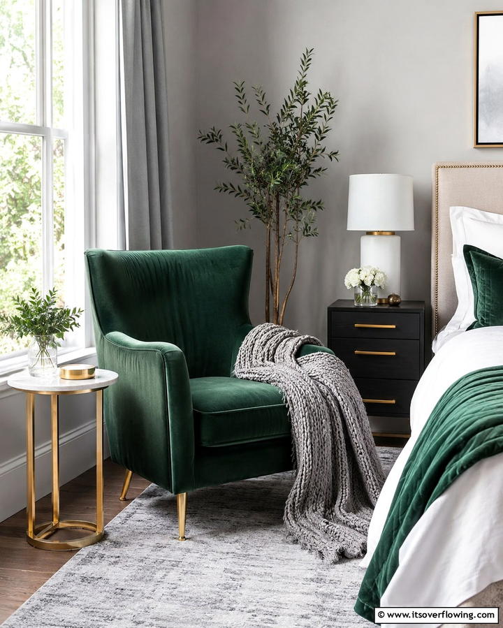Green Velvet Armchair with Grey Throw - 25 Modern Green and Grey Bedroom Design Ideas