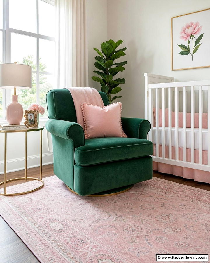 Green Velvet Chair with Pink Accents - 20 Pink and Green Nursery Ideas for a Sweet Retreat