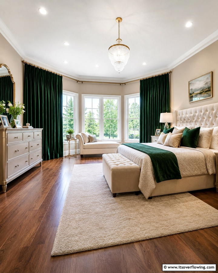 Green Velvet Curtains with Beige Furniture - 25 Serene Green and Beige Bedroom Design Ideas