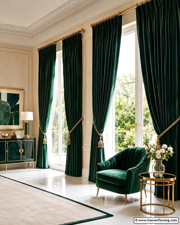 Green Velvet Curtains - 25 Green and Gold Living Room Ideas for Luxury
