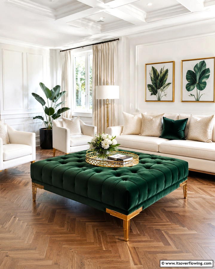 Green Velvet Ottoman with Gold Legs - 25 Emerald Green and Gold Living Room Ideas for Luxury