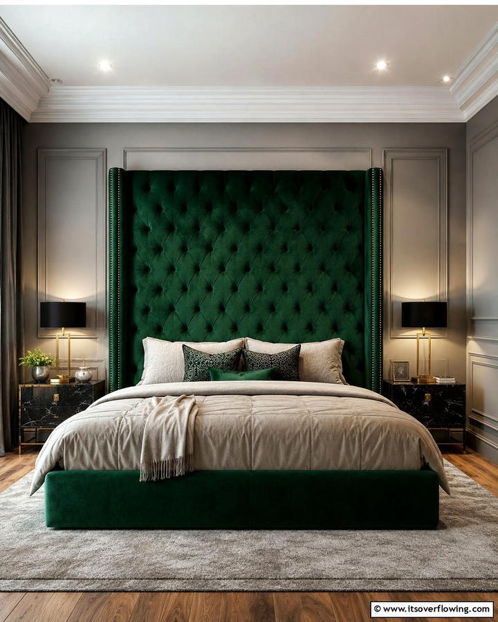 Green Velvet Upholstery for a Touch of Elegance - 30 Green Bedroom Decor Ideas for Calming Retreats