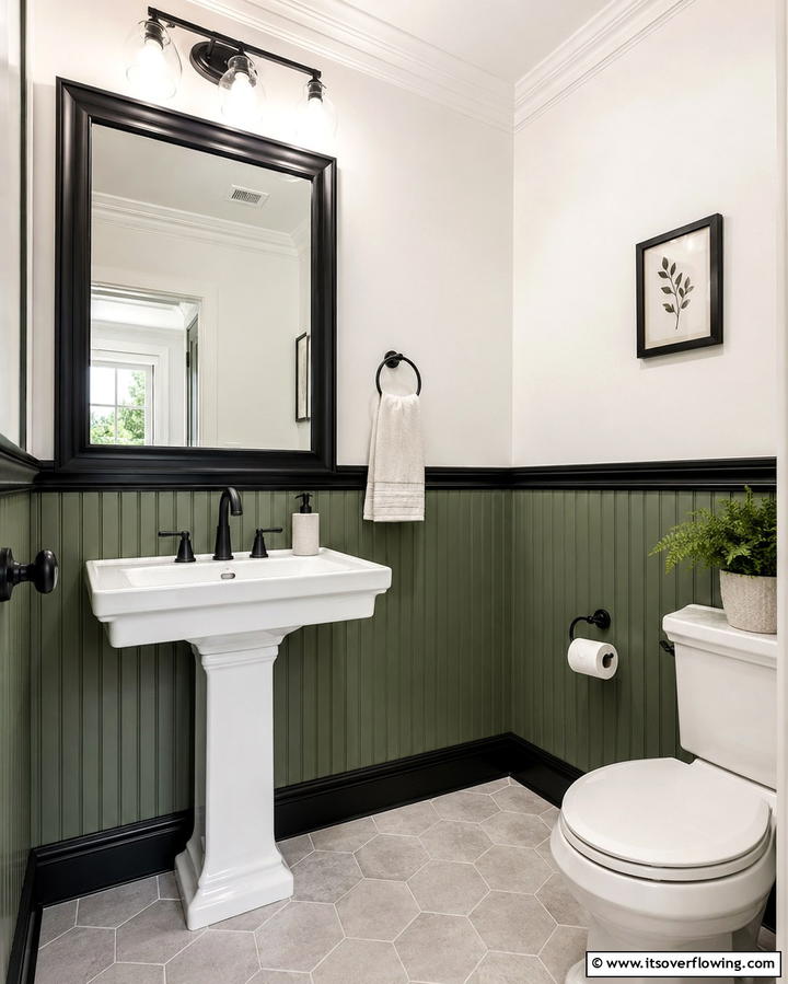Green Wainscoting with Black Trim - 25 Black and Green Bathroom Ideas for Bold Style