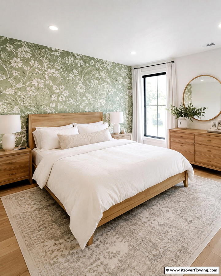 Green Wallpaper with Patterns for Visual Interest - 30 Green Bedroom Decor Ideas for Calming Retreats