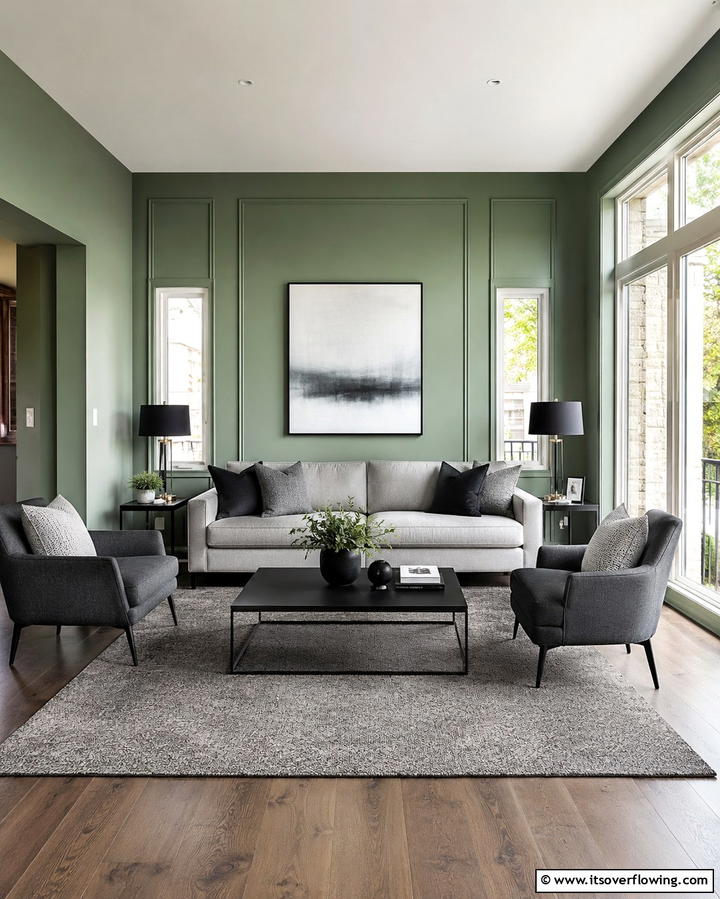 Green Walls with Grey Accents - 25 Green and Grey Living Room Ideas for Modern Homes