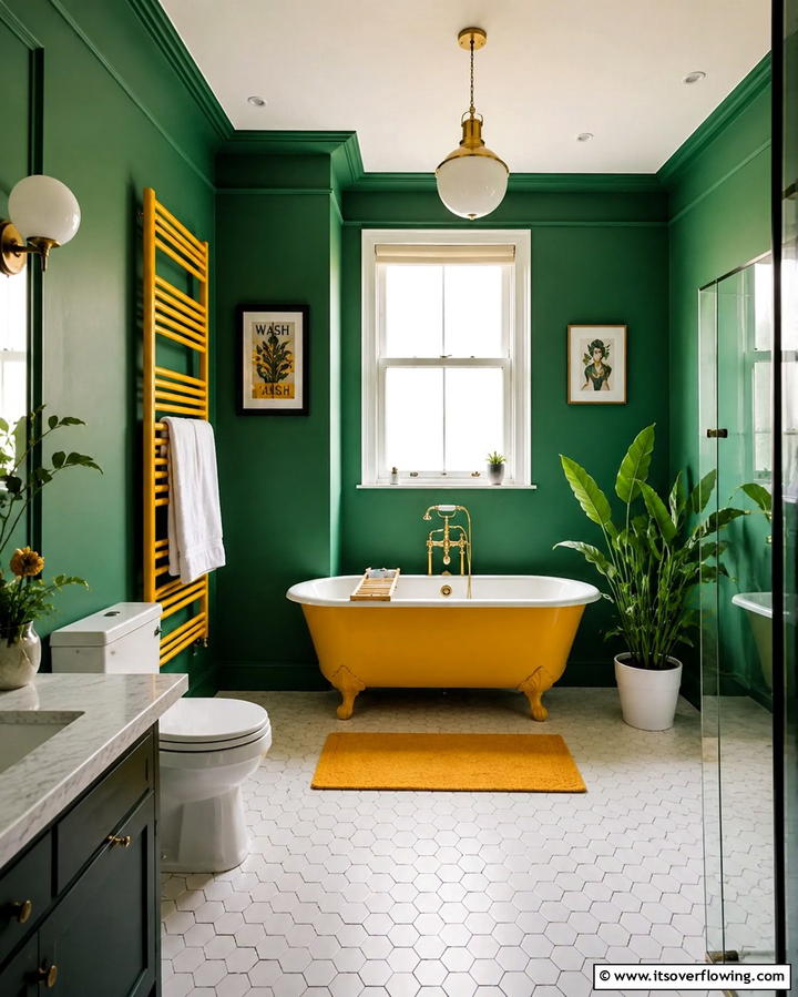 Green Walls with Yellow Fixtures - 20 Yellow and Green Bathroom Ideas for a Fresh Look