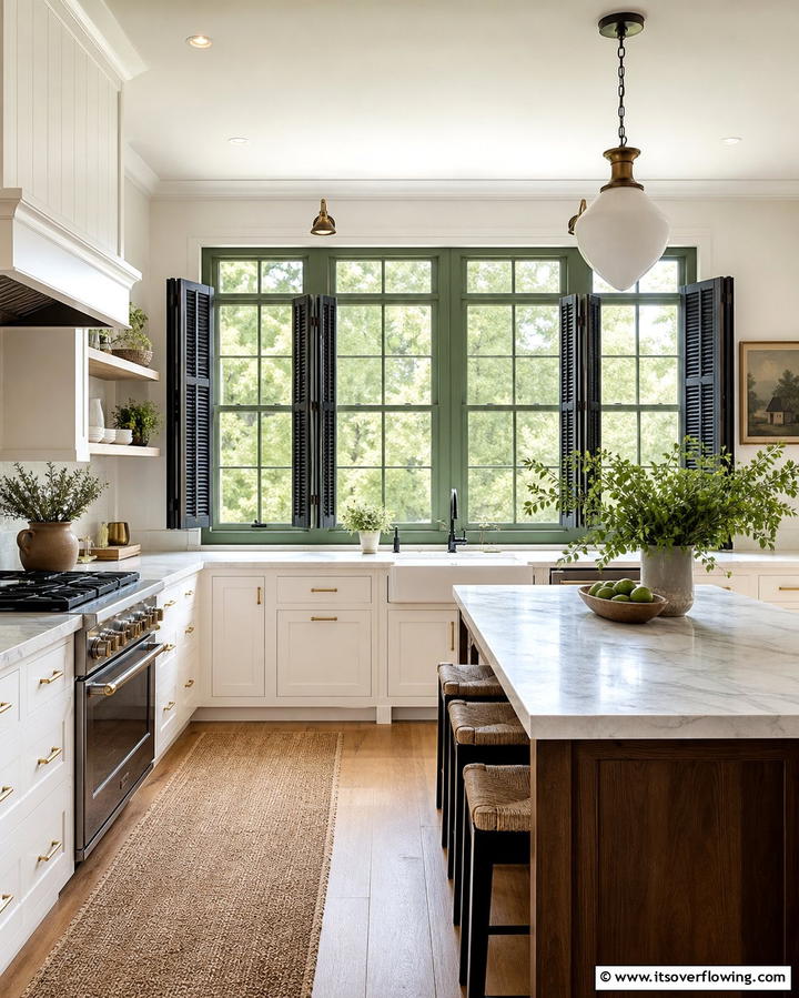 Green Window Frames with Black Shutters - 25 Black and Green Kitchen Ideas for Bold Design