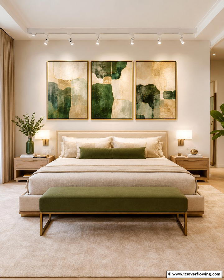 Green and Beige Artwork - 25 Serene Green and Beige Bedroom Design Ideas