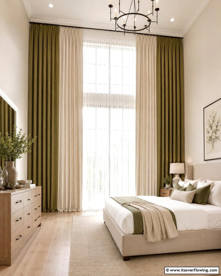 Green and Beige Curtains for Light Control - 25 Serene Green and Beige Bedroom Design Ideas