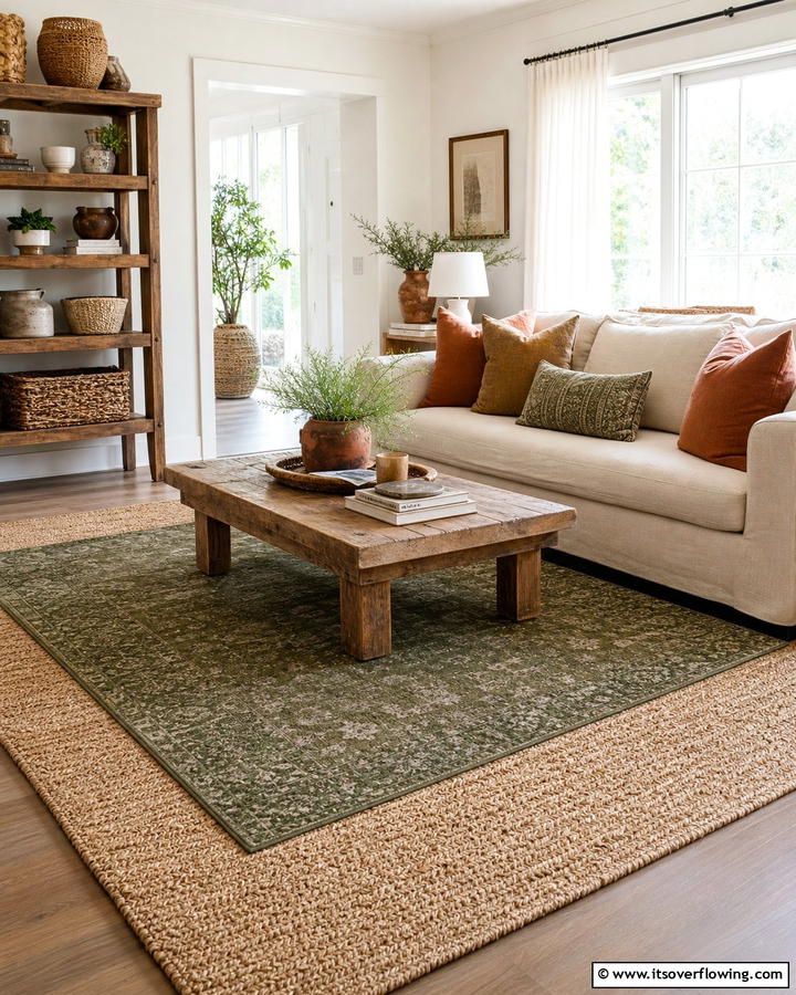Green and Beige Layered Rugs - 20 Green Carpet Living Room Ideas for a Bold Statement
